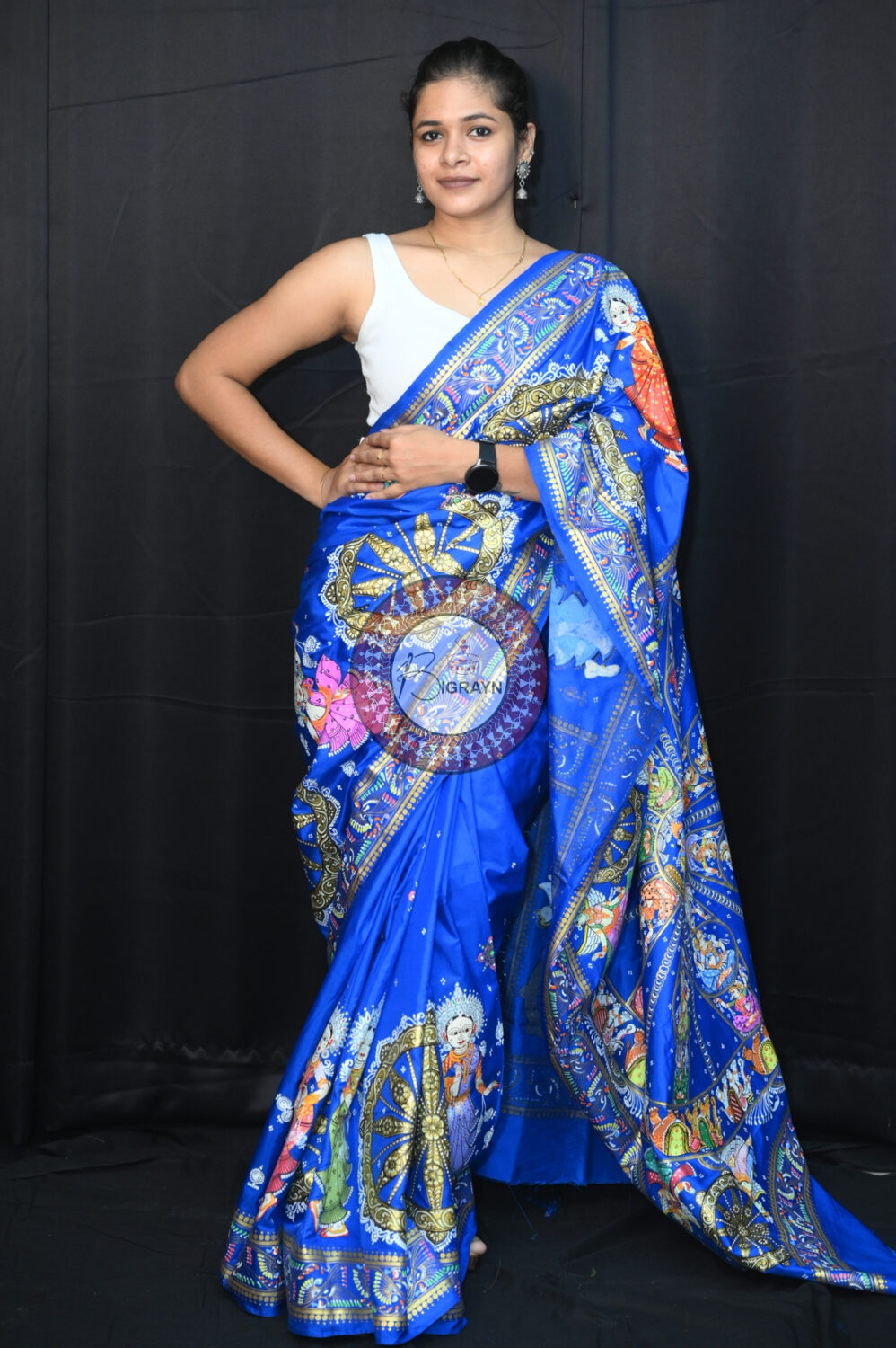 Blue Heavy Work Konark Chakra Pattachitra Silk Saree