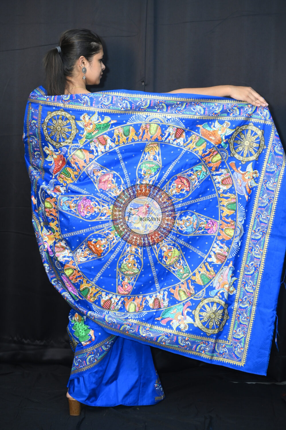 Blue Heavy Work Konark Chakra Pattachitra Silk Saree