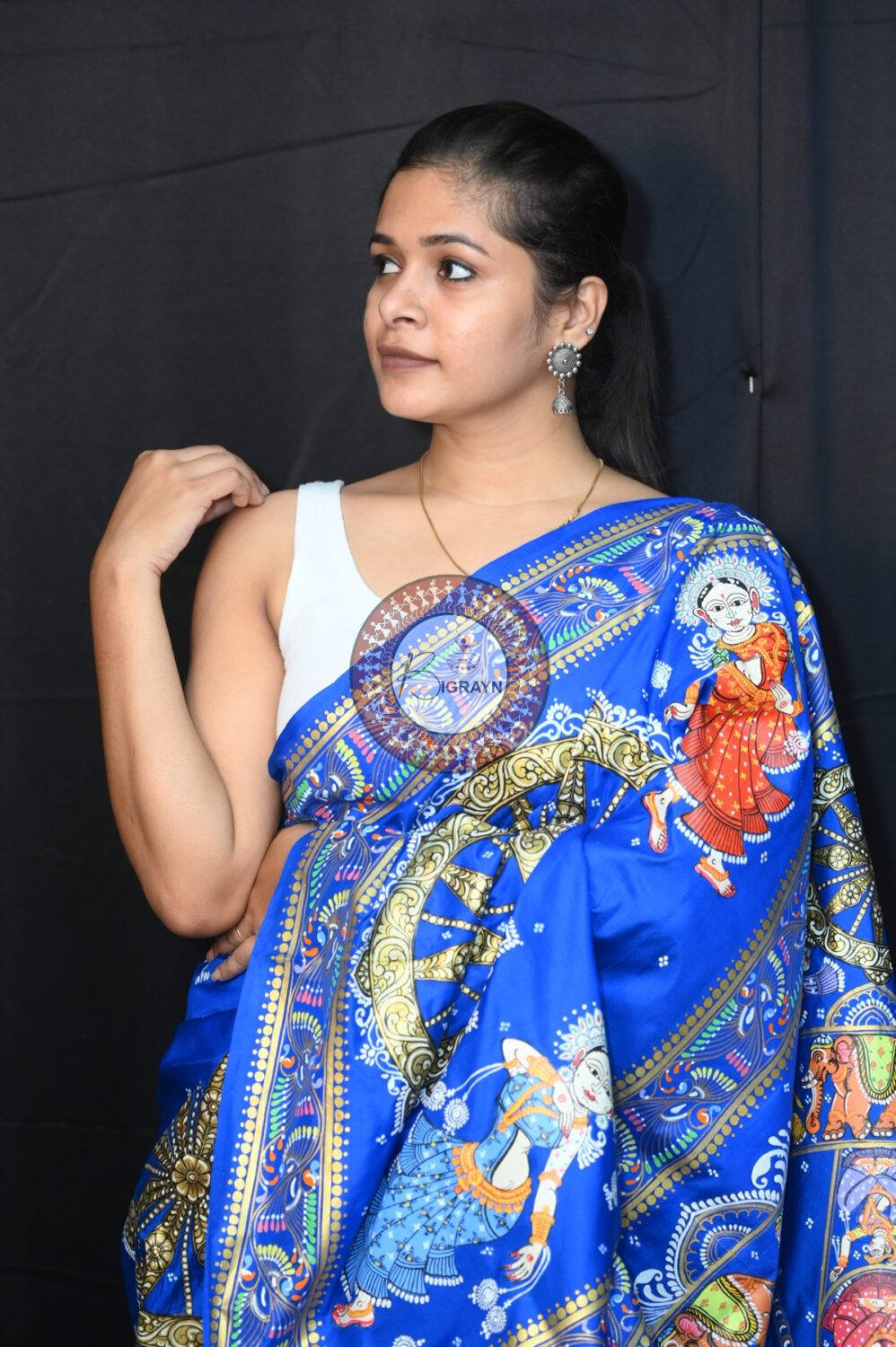 Blue Heavy Work Konark Chakra Pattachitra Silk Saree