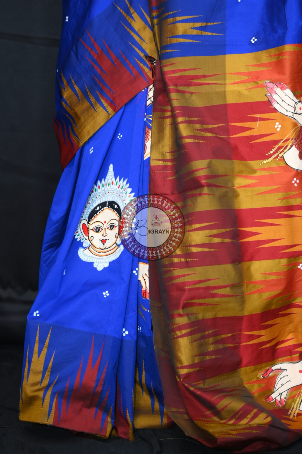 Blue Golden Odissi Mudras Pattachitra Silk Saree