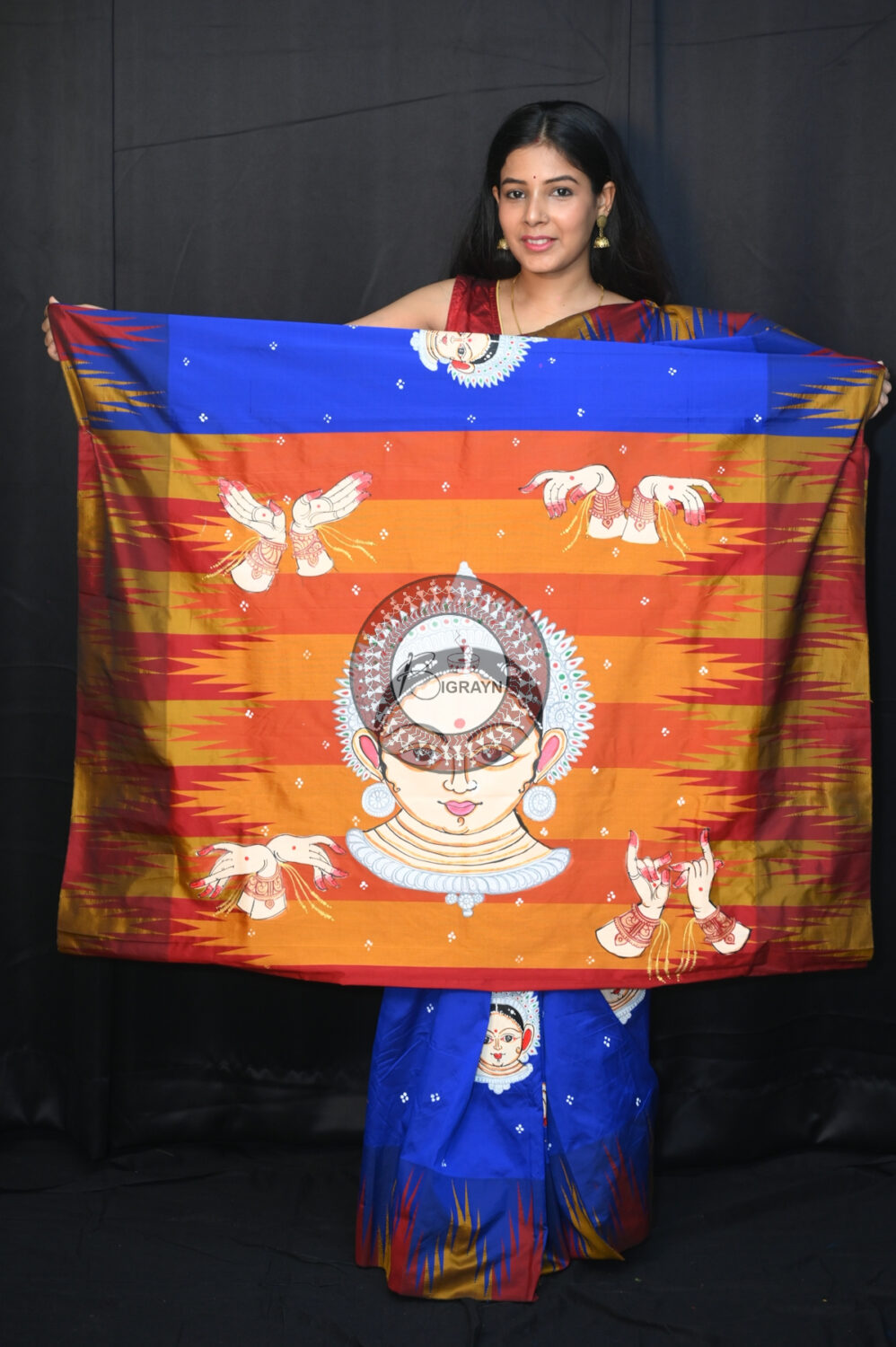 Blue Golden Odissi Mudras Pattachitra Silk Saree