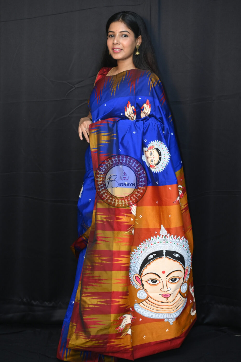 Blue Golden Odissi Mudras Pattachitra Silk Saree
