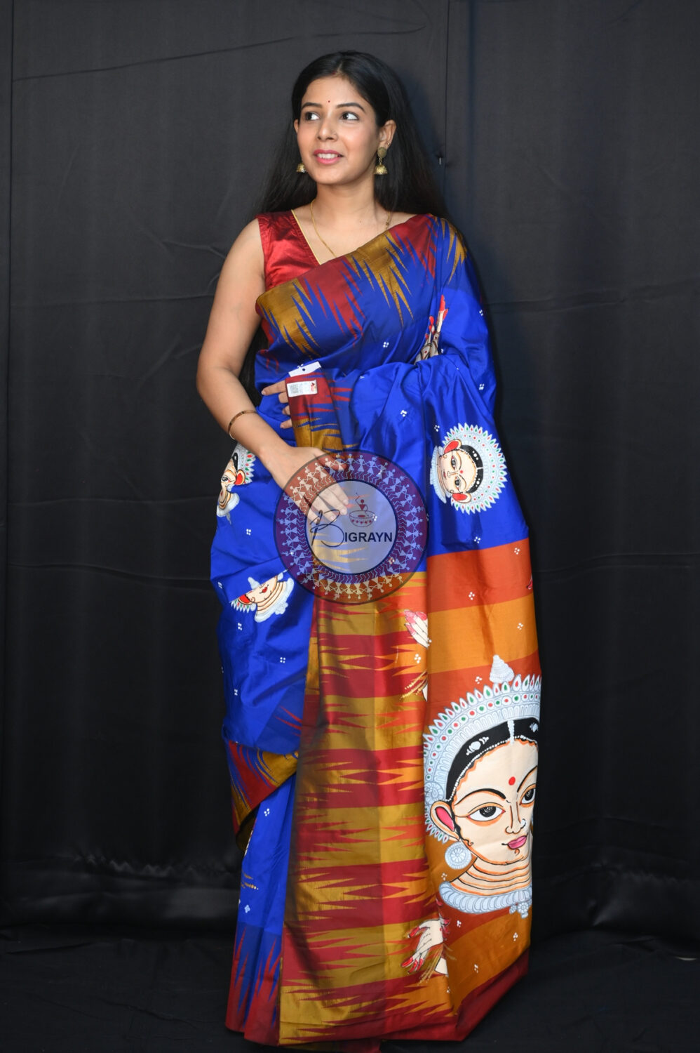 Blue Golden Odissi Mudras Pattachitra Silk Saree