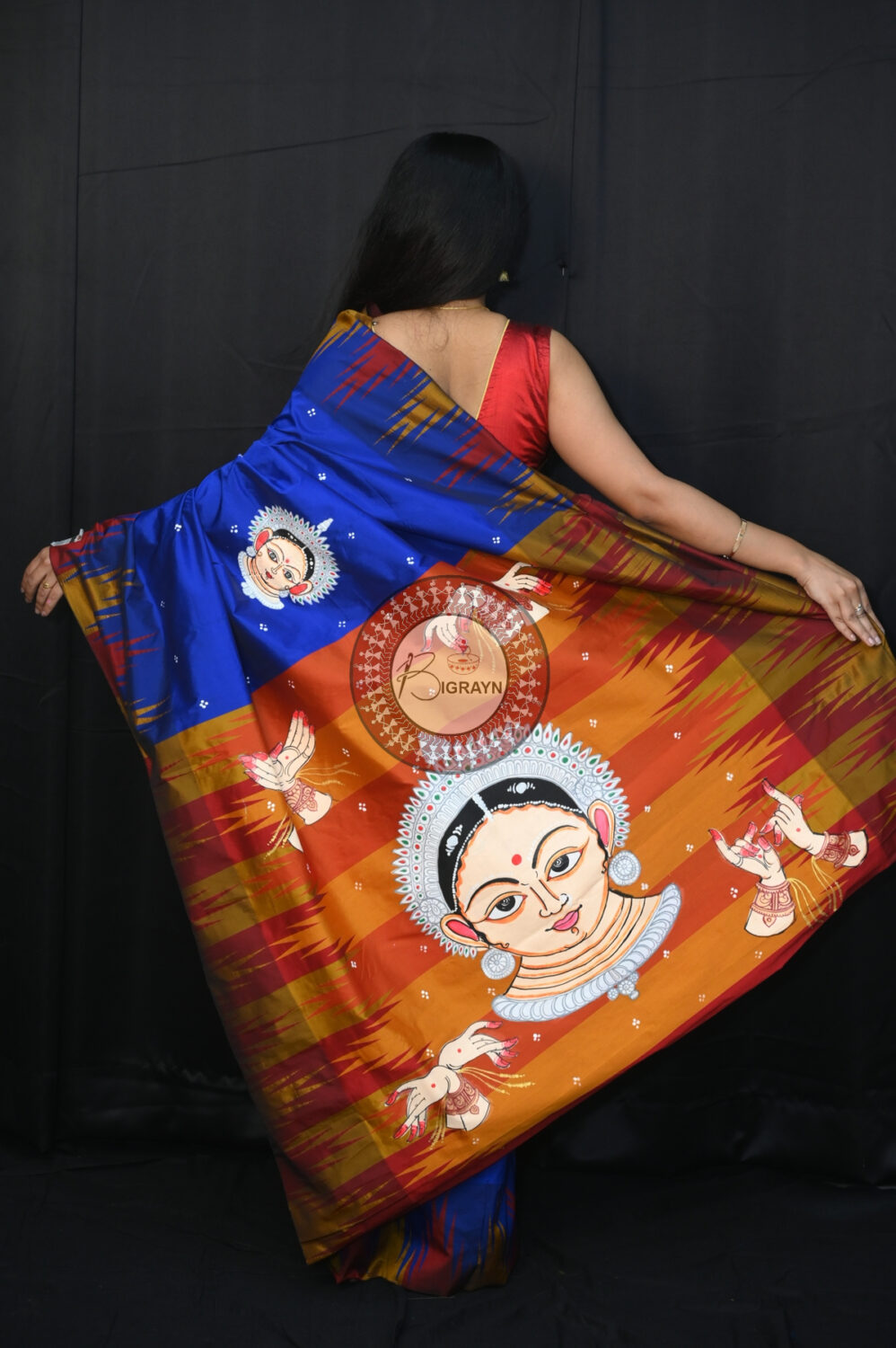 Blue Golden Odissi Mudras Pattachitra Silk Saree