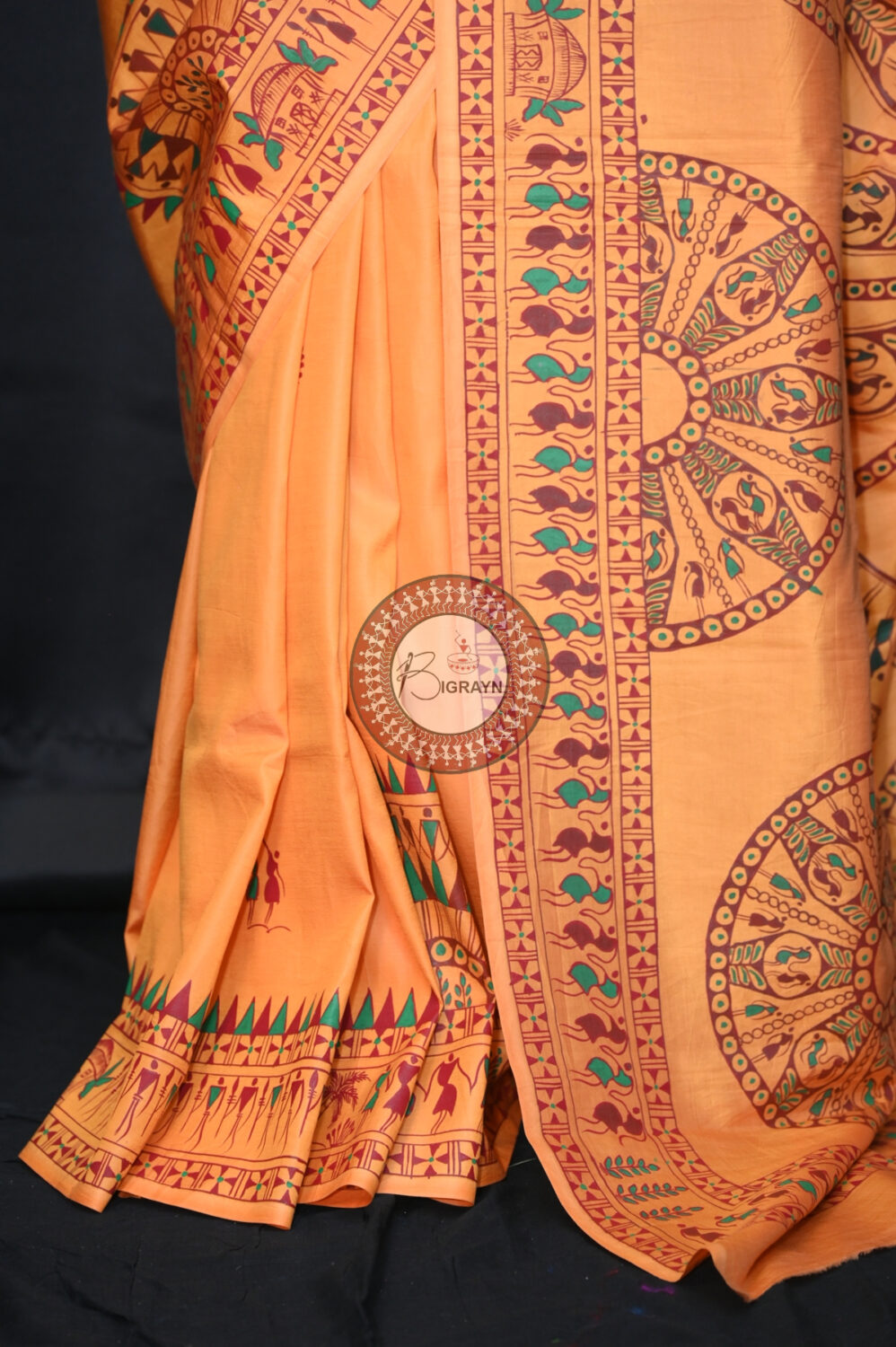Sandalwood Konark Chakra Tribal Art Pattachitra Silk Saree