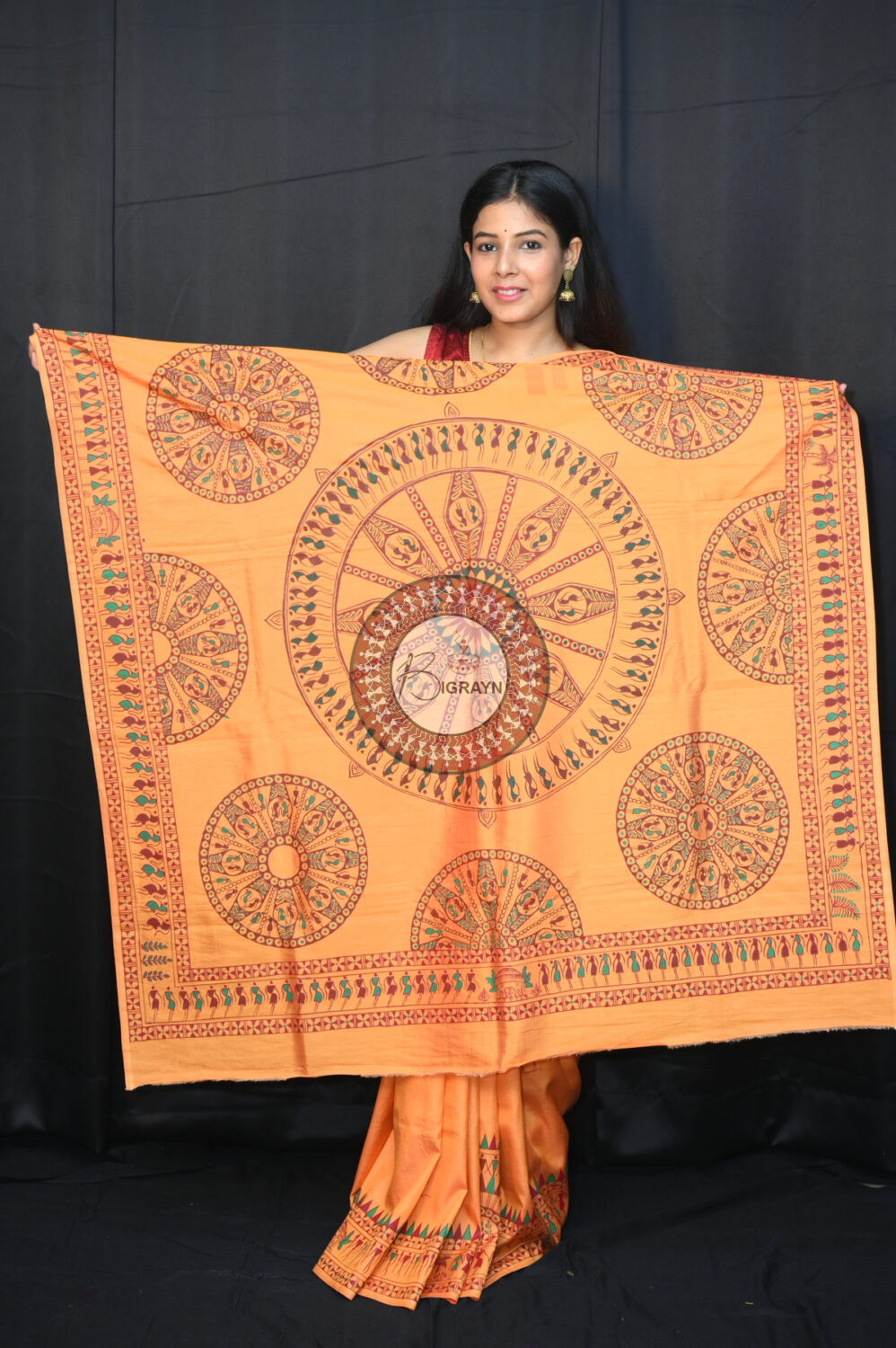 Sandalwood Konark Chakra Tribal Art Pattachitra Silk Saree
