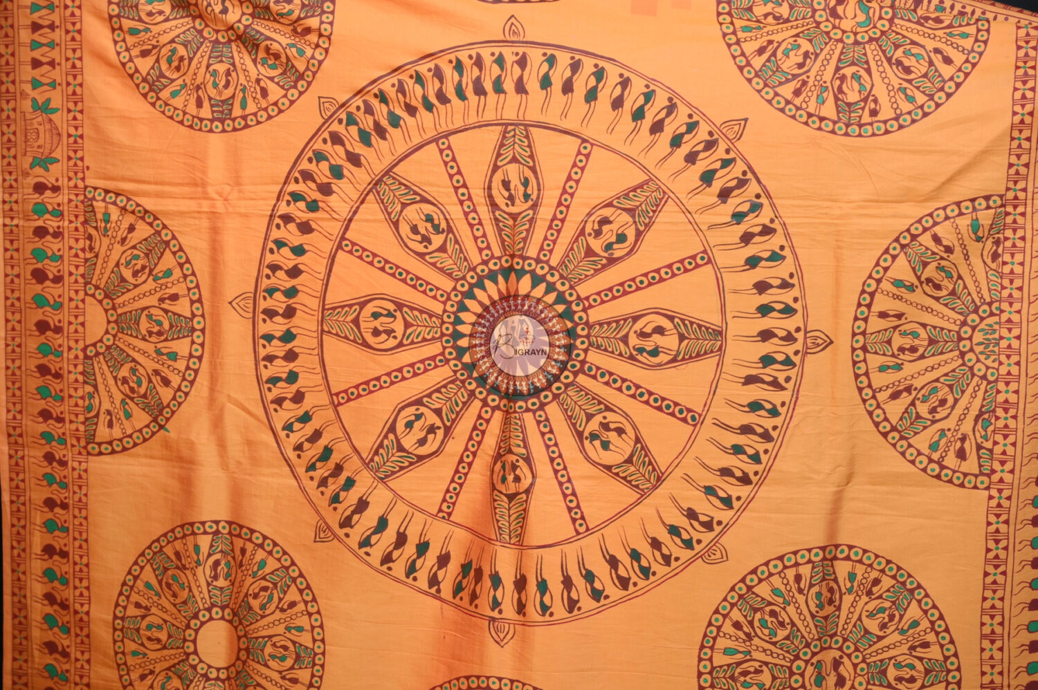 Sandalwood Konark Chakra Tribal Art Pattachitra Silk Saree