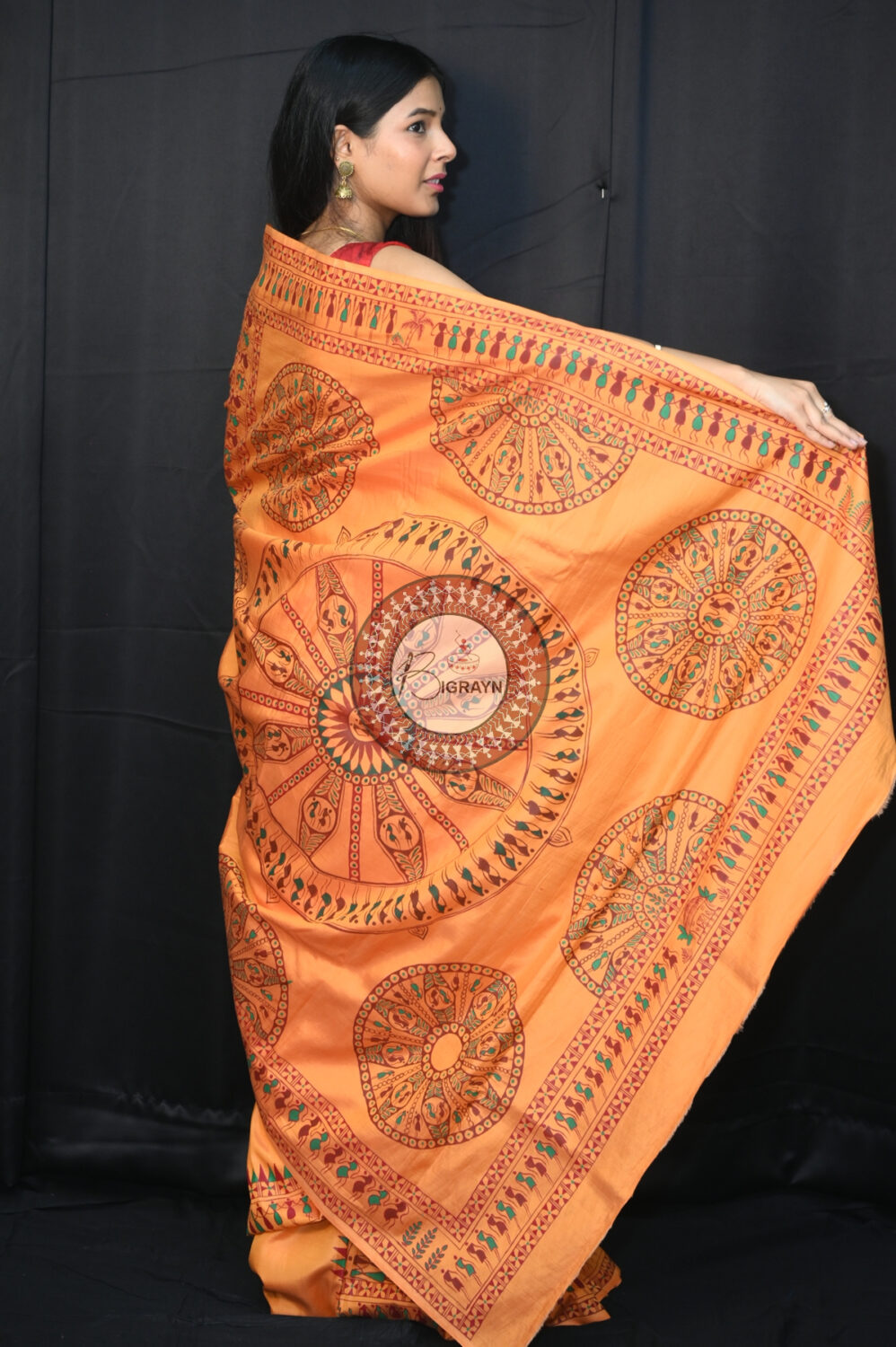 Sandalwood Konark Chakra Tribal Art Pattachitra Silk Saree