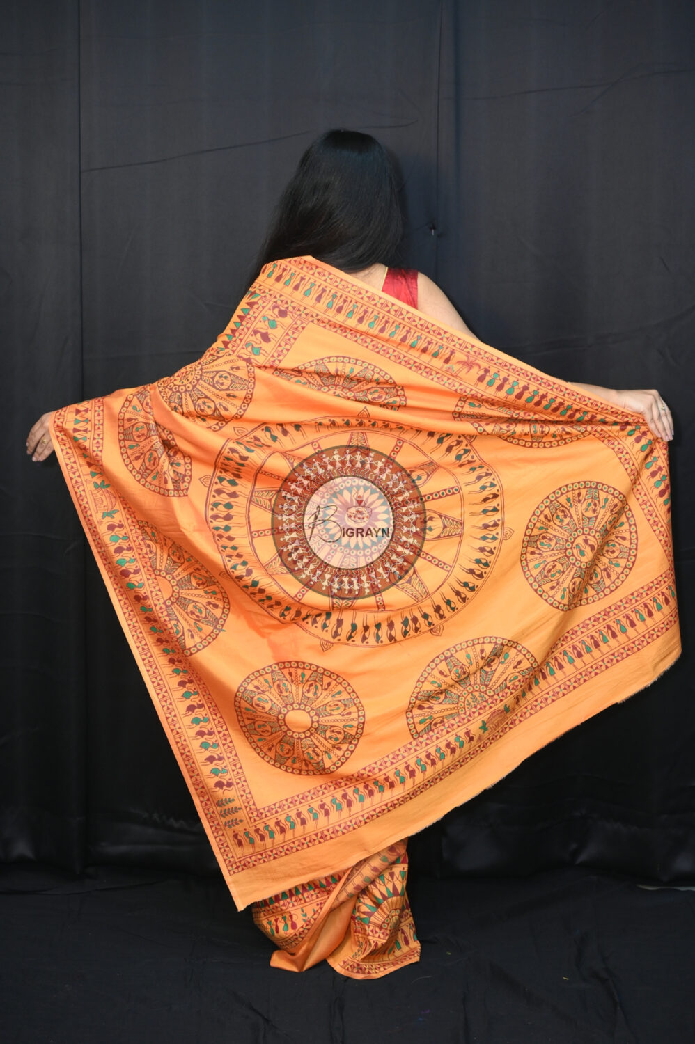 Sandalwood Konark Chakra Tribal Art Pattachitra Silk Saree