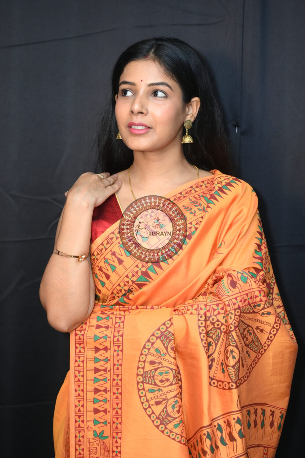 Sandalwood Konark Chakra Tribal Art Pattachitra Silk Saree