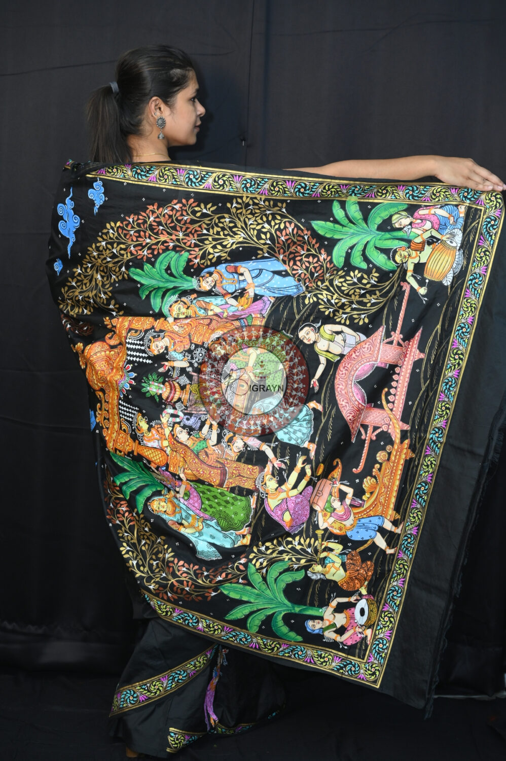 Black Sapta Mangala Karma Exclusive Pattachitra Silk Saree