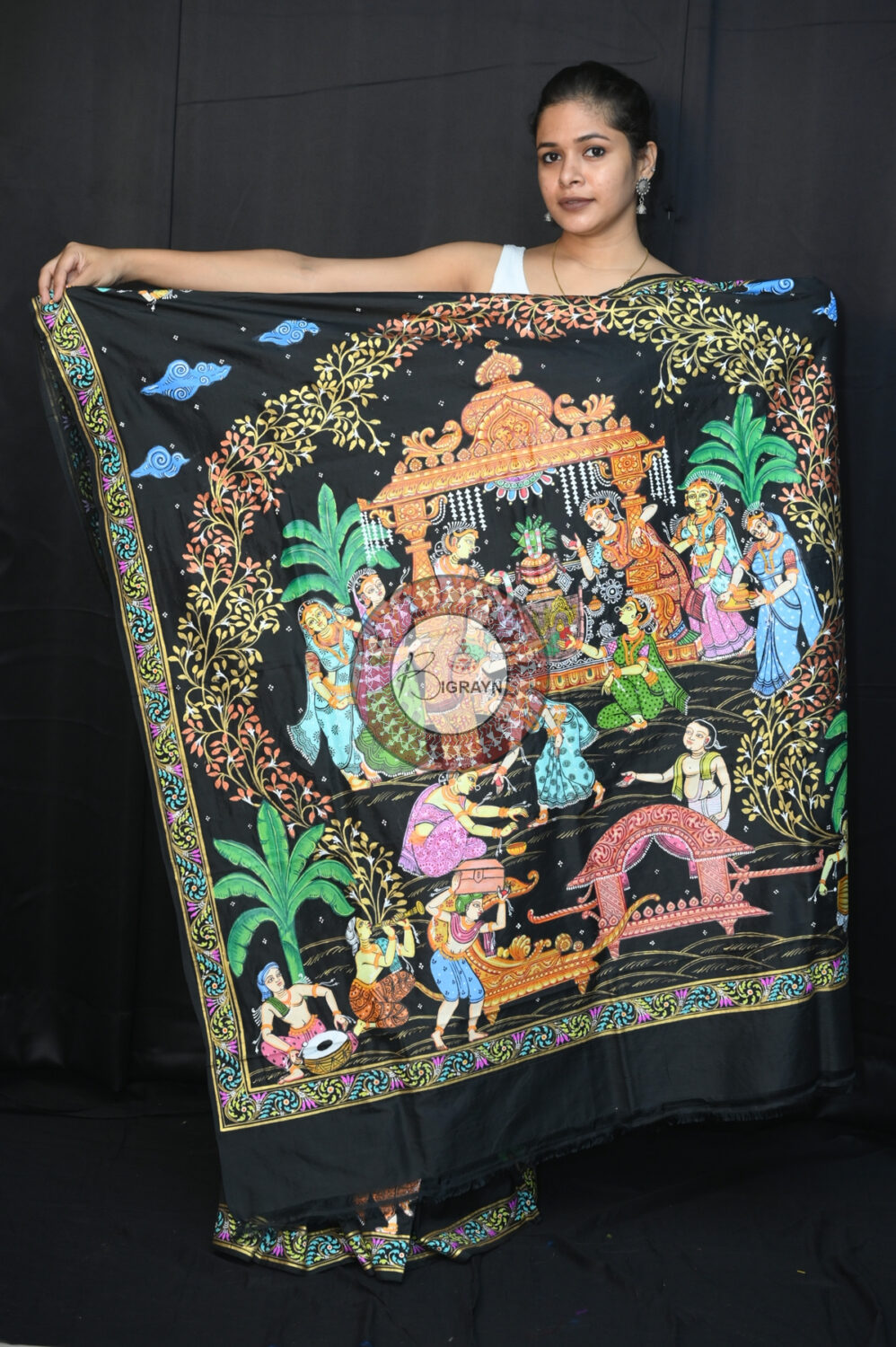 Black Sapta Mangala Karma Exclusive Pattachitra Silk Saree