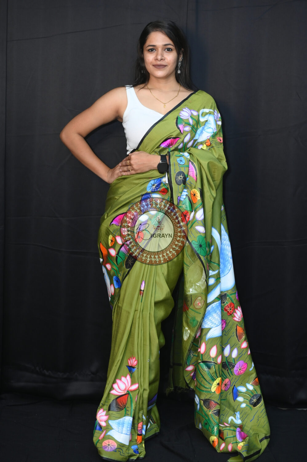 Mehndi Water Lily & Swans Pattachitra Silk Saree