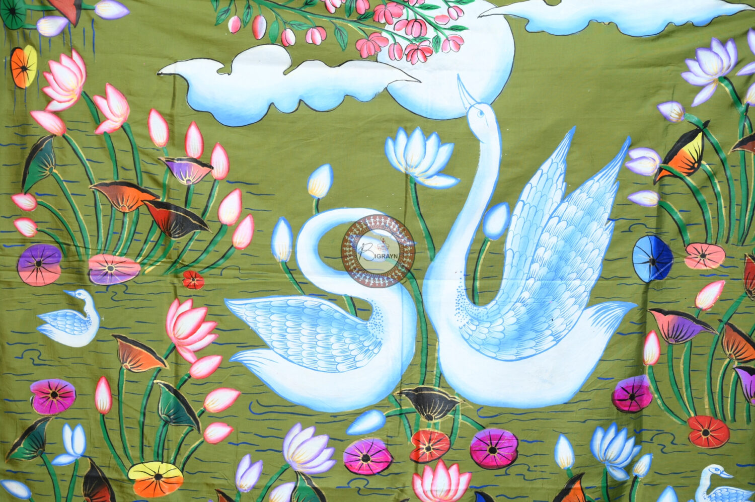 Mehndi Water Lily & Swans Pattachitra Silk Saree