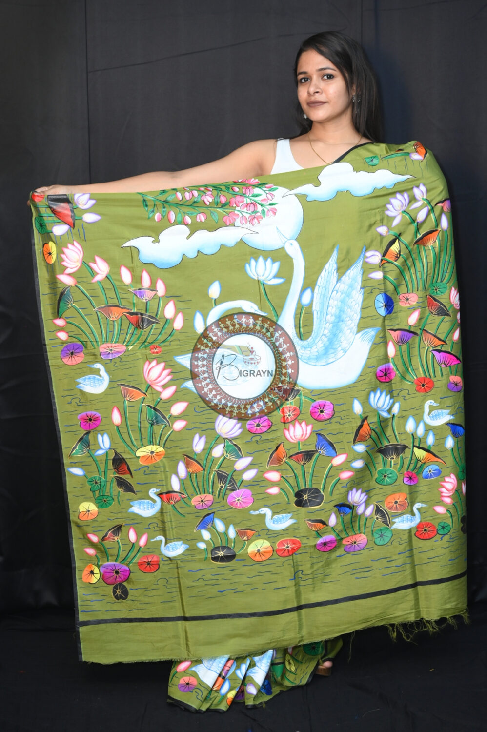 Mehndi Water Lily & Swans Pattachitra Silk Saree