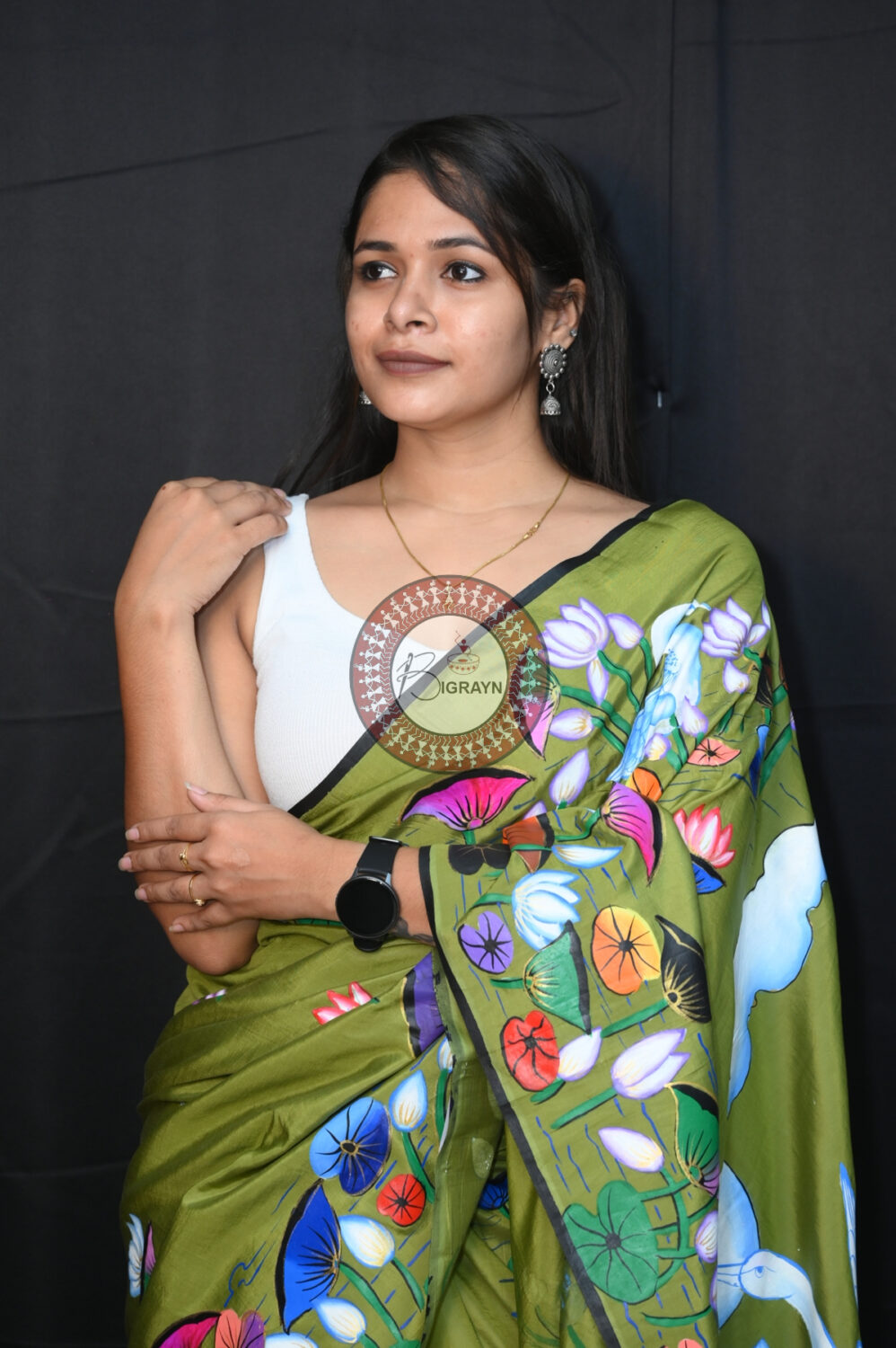 Mehndi Water Lily & Swans Pattachitra Silk Saree