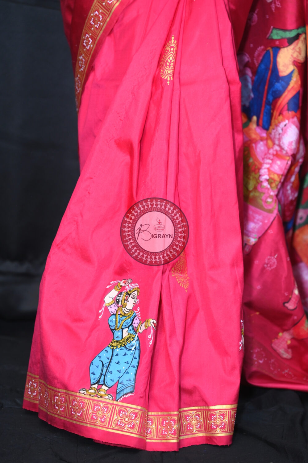 Magenta Chaiti Ghoda Pattachitra Silk Saree