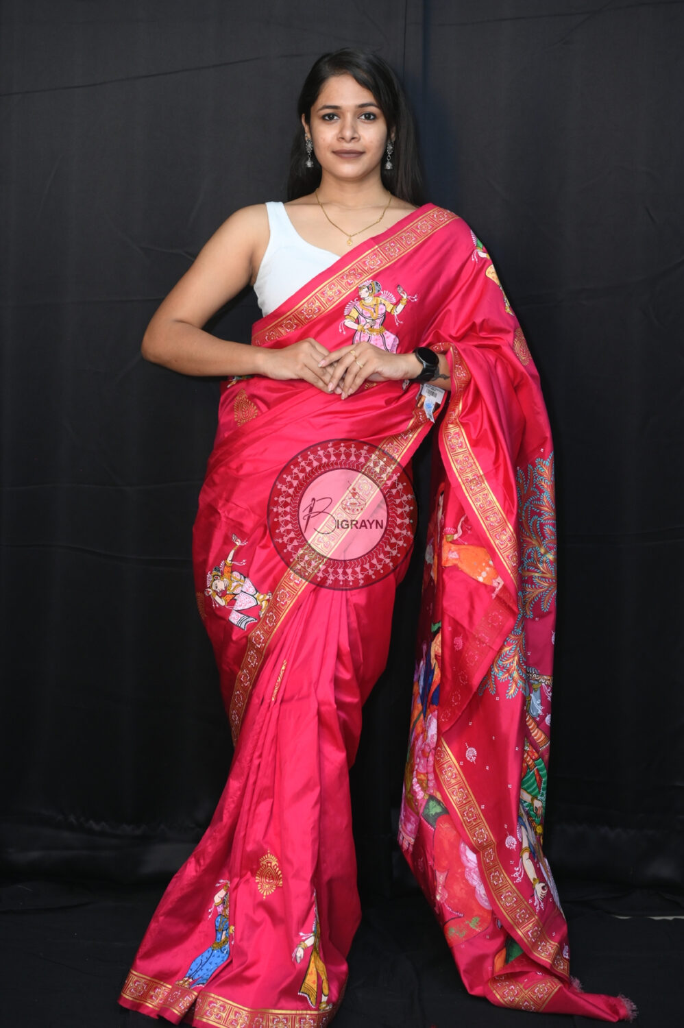 Magenta Chaiti Ghoda Pattachitra Silk Saree
