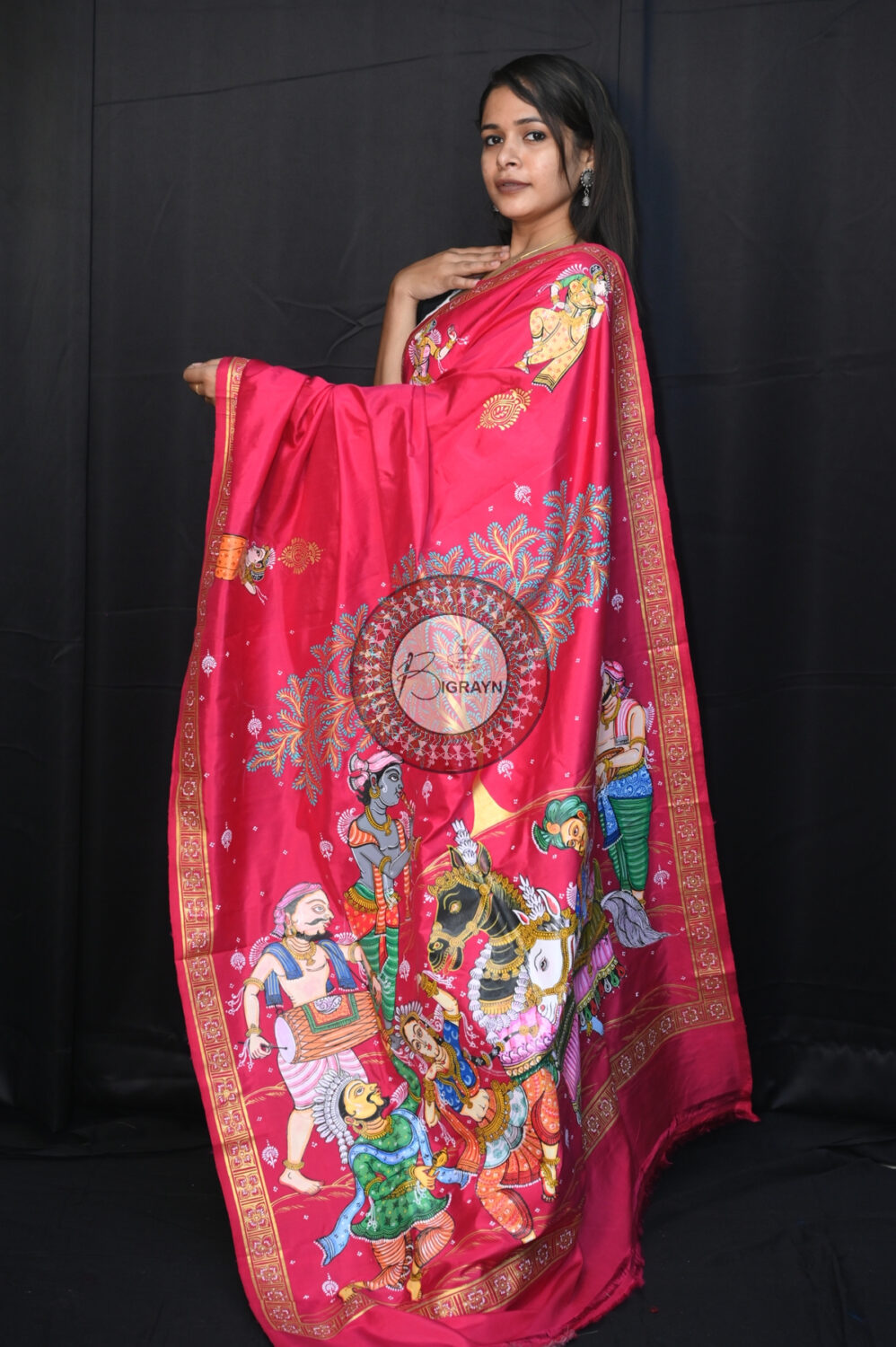 Magenta Chaiti Ghoda Pattachitra Silk Saree