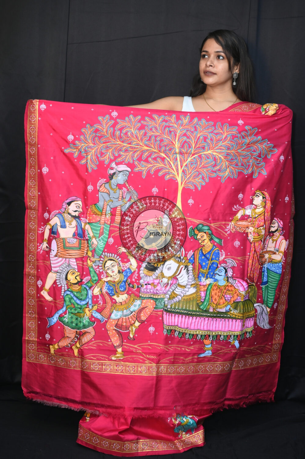 Magenta Chaiti Ghoda Pattachitra Silk Saree