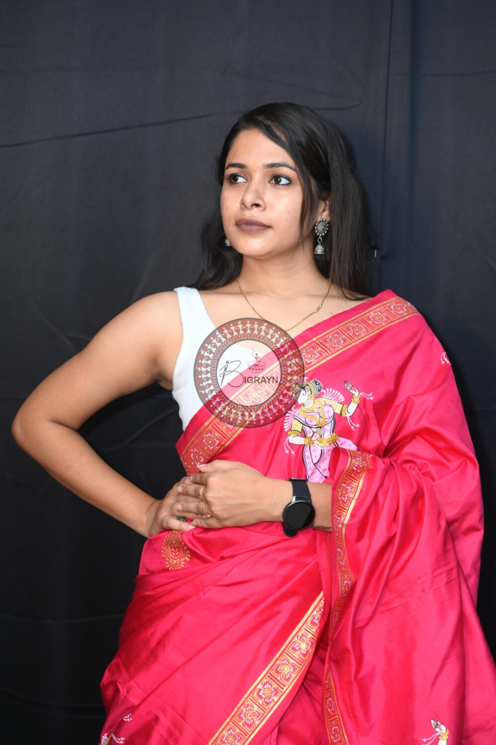 Magenta Chaiti Ghoda Pattachitra Silk Saree