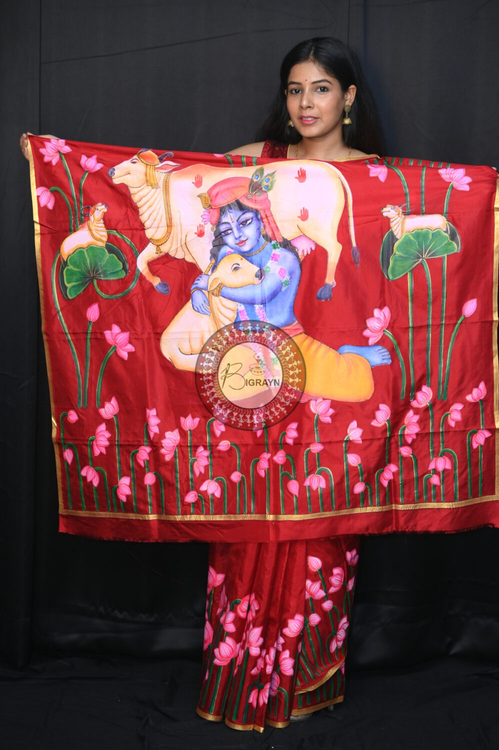 Maroon Krishna Pichwai Pattachitra Silk Saree