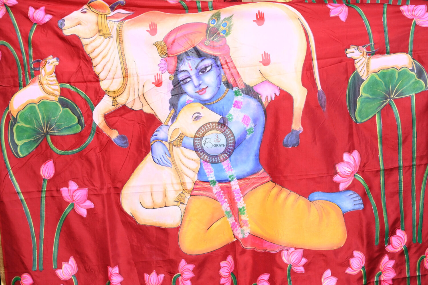 Maroon Krishna Pichwai Pattachitra Silk Saree