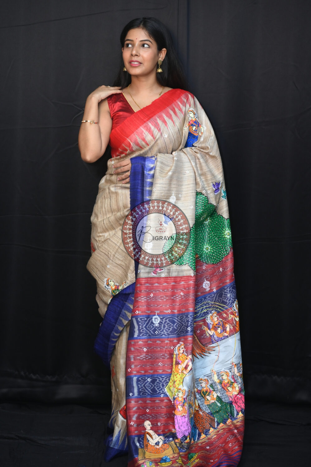 Tussarite Ganga Jamuna Bata Sabitri Pattachitra Tussar Silk Saree
