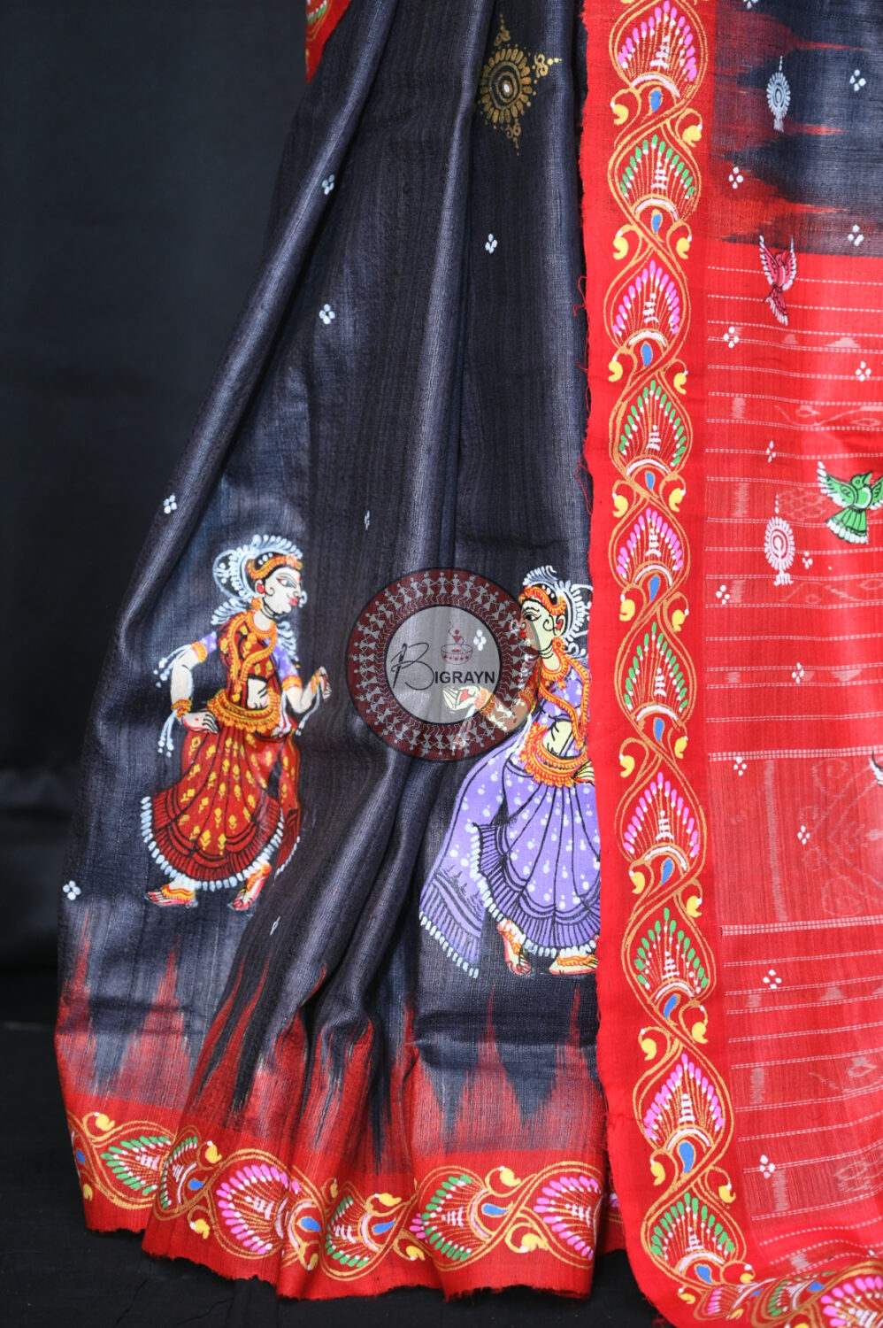 Black Red Bata Sabitri Pattachitra Tussar Silk Saree