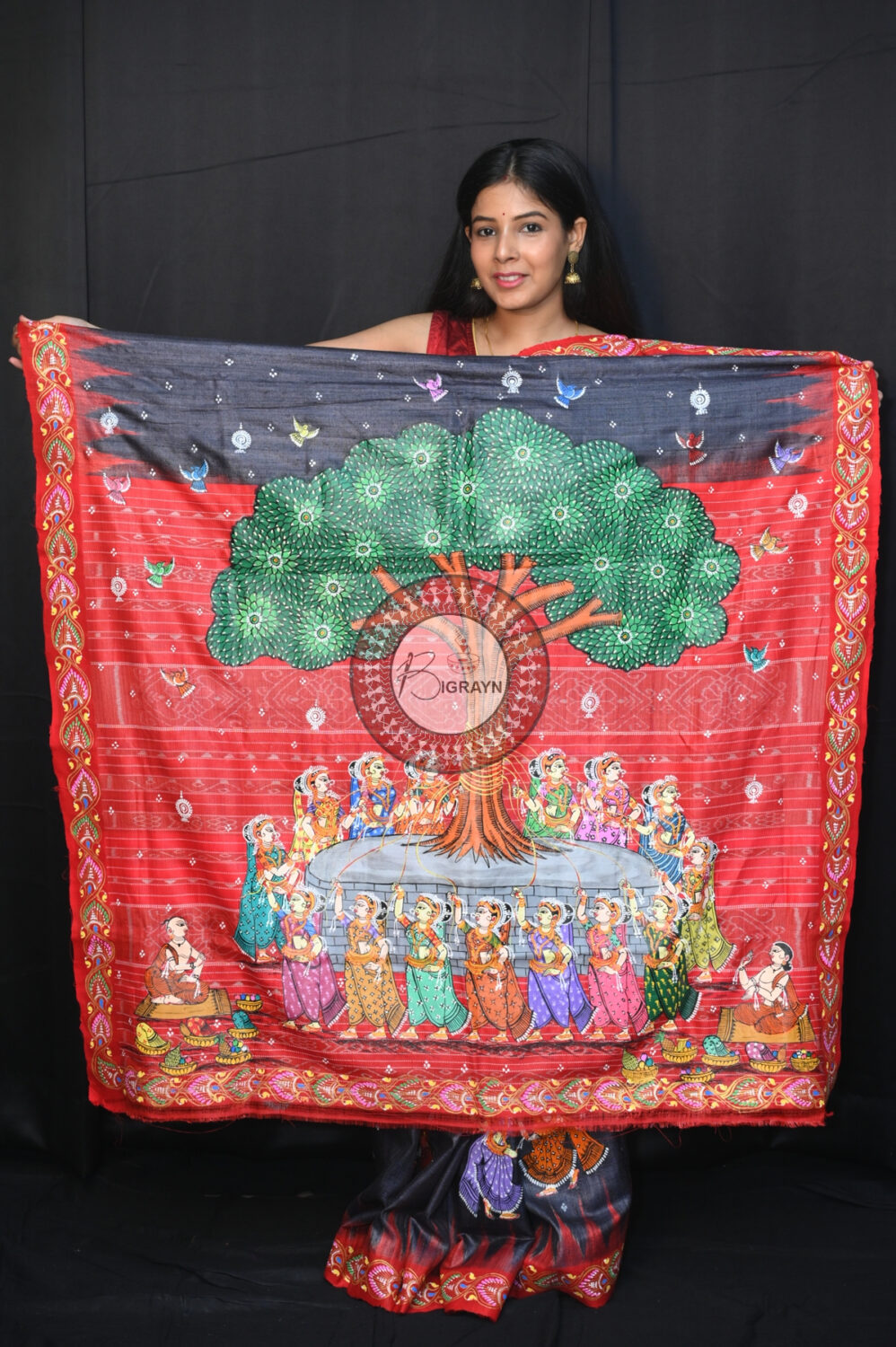 Black Red Bata Sabitri Pattachitra Tussar Silk Saree