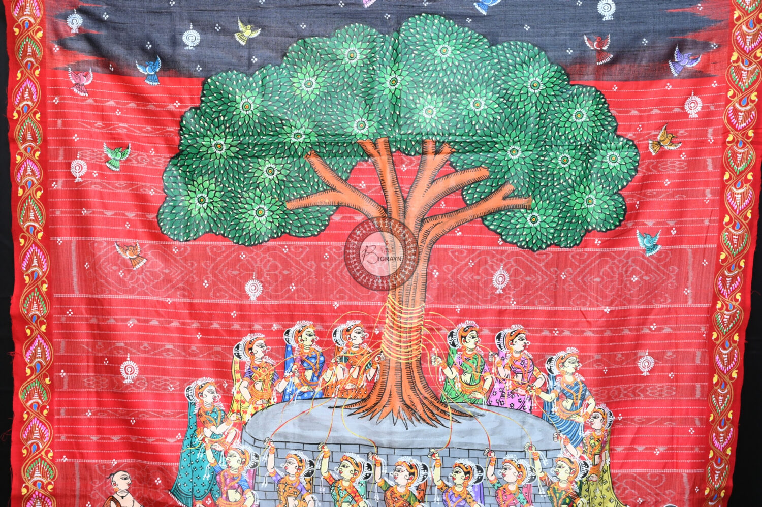 Black Red Bata Sabitri Pattachitra Tussar Silk Saree