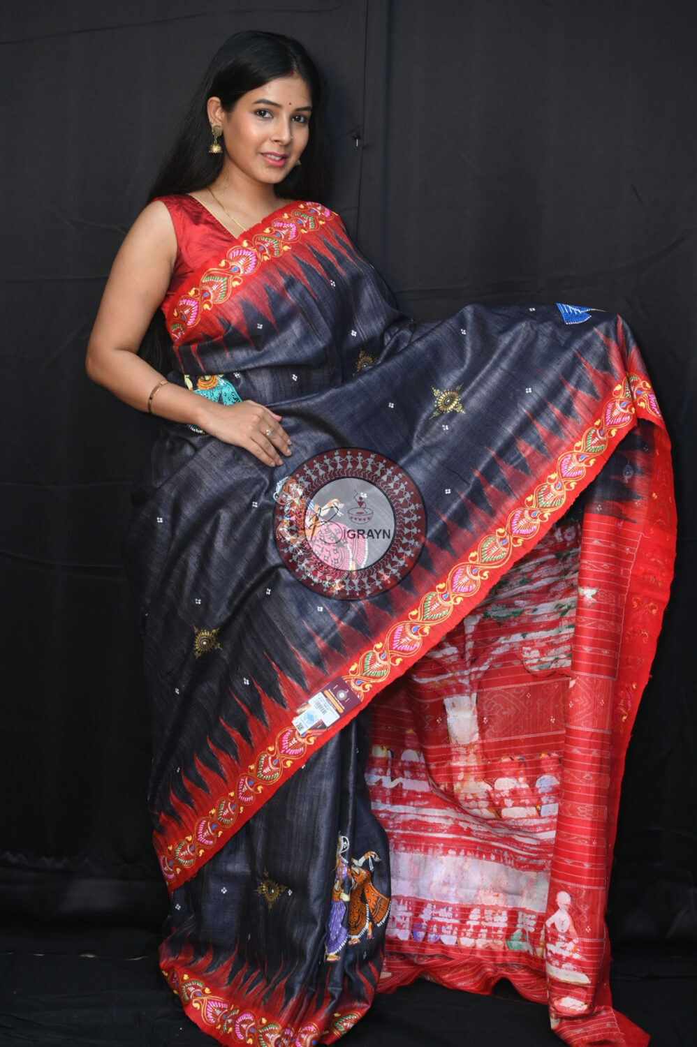 Black Red Bata Sabitri Pattachitra Tussar Silk Saree