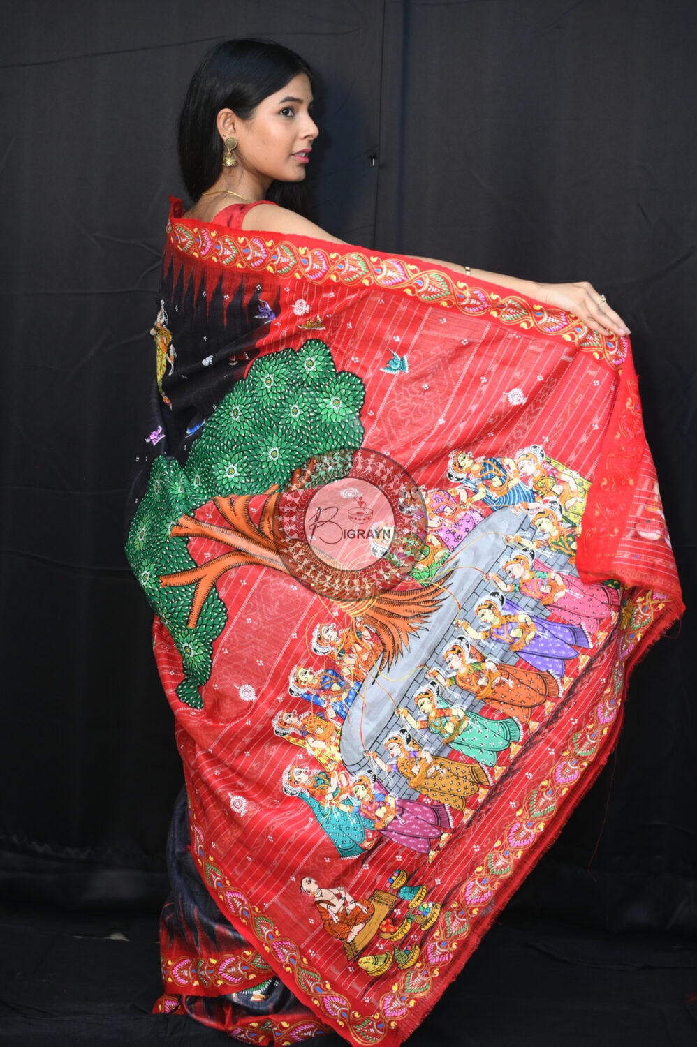 Black Red Bata Sabitri Pattachitra Tussar Silk Saree