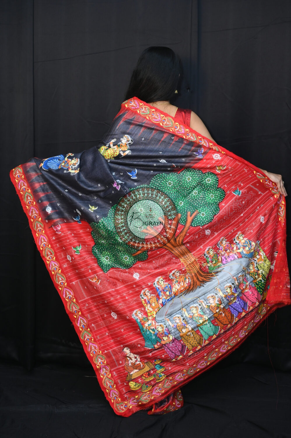 Black Red Bata Sabitri Pattachitra Tussar Silk Saree