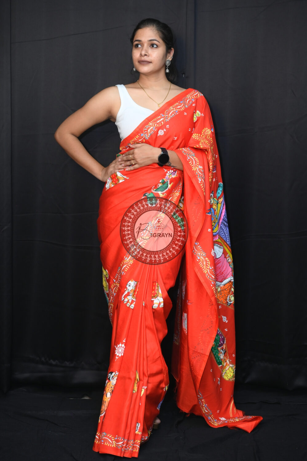 Red Kandarpa Hasti Pattachitra Silk Saree