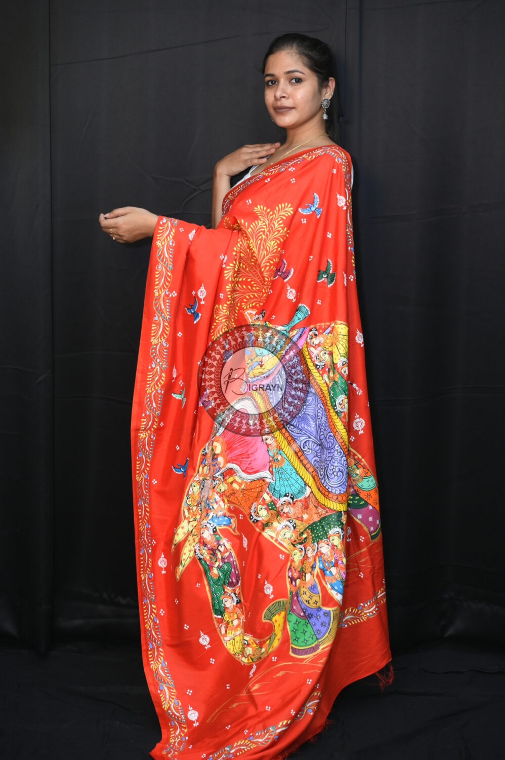 Red Kandarpa Hasti Pattachitra Silk Saree