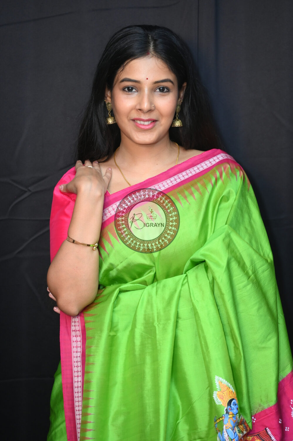 Neon Green Magenta Kandarpa Hasti Pattachitra Silk Saree