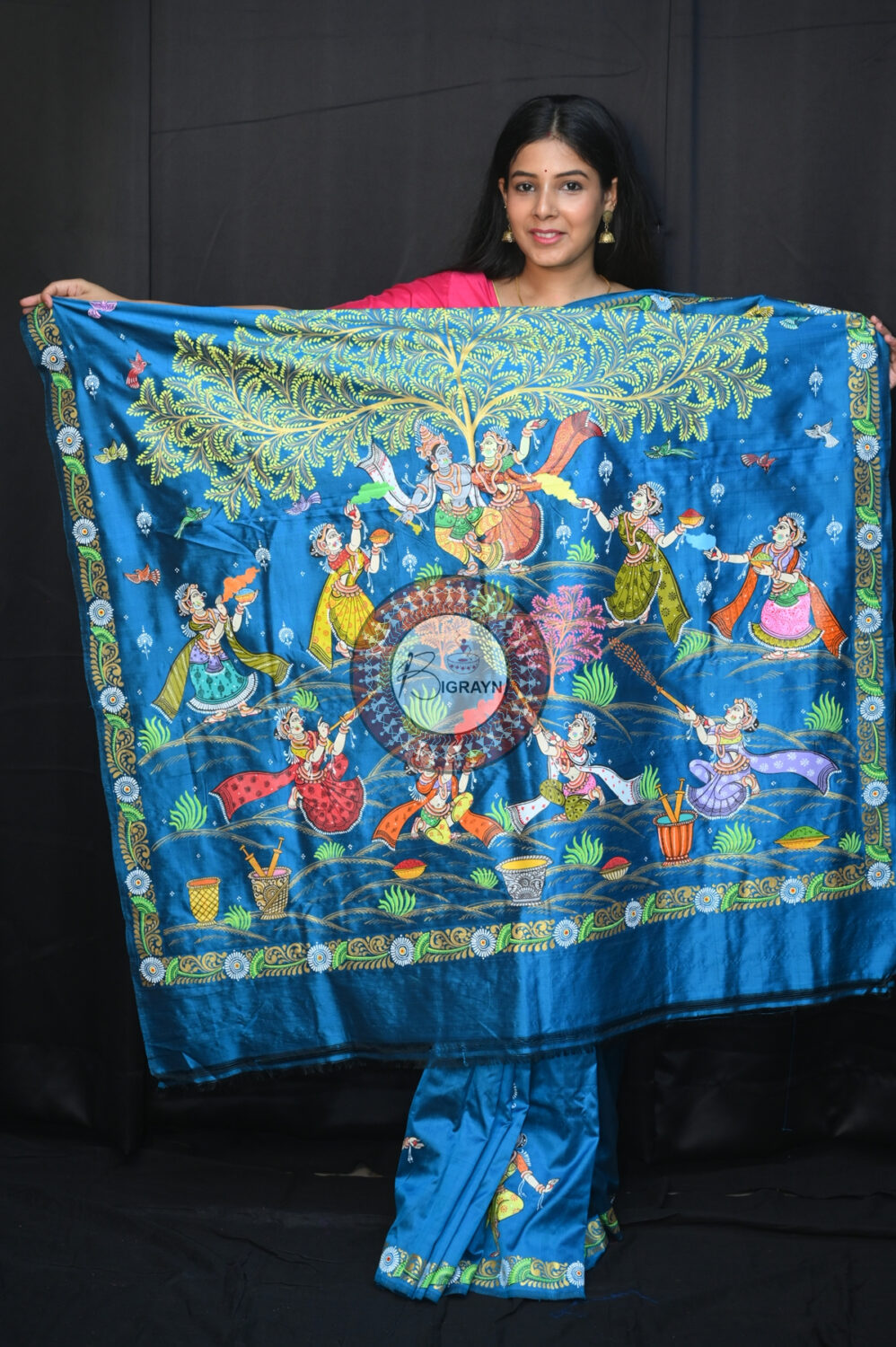 Teal Blue Holi Theme Pattachitra Silk Saree