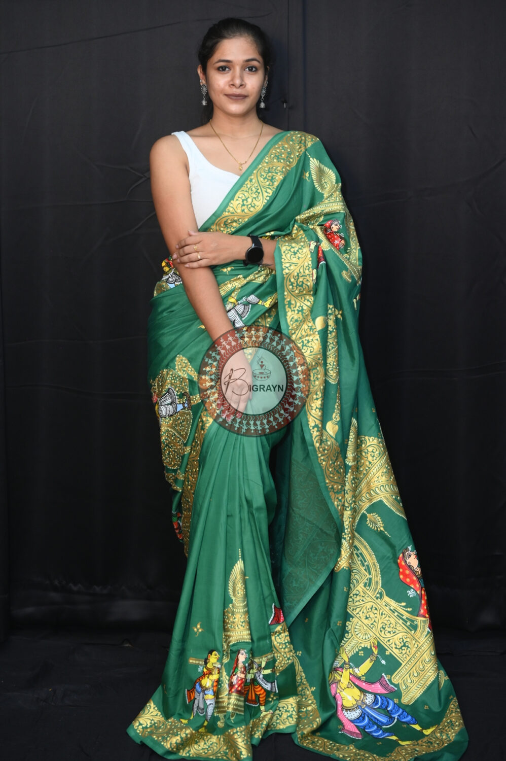 Green Marriage Theme Khadi Silk Pattachitra Saree