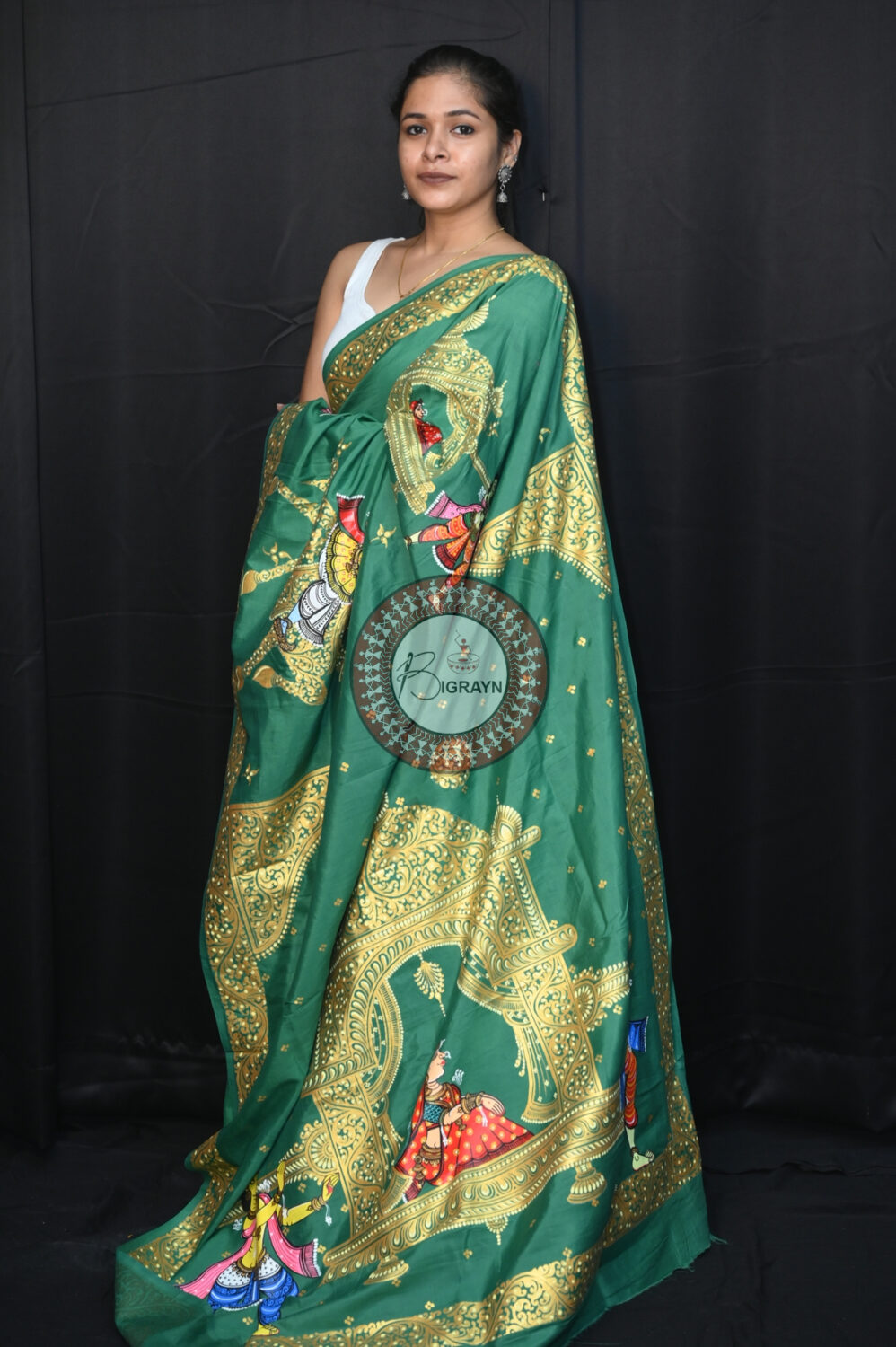 Green Marriage Theme Khadi Silk Pattachitra Saree