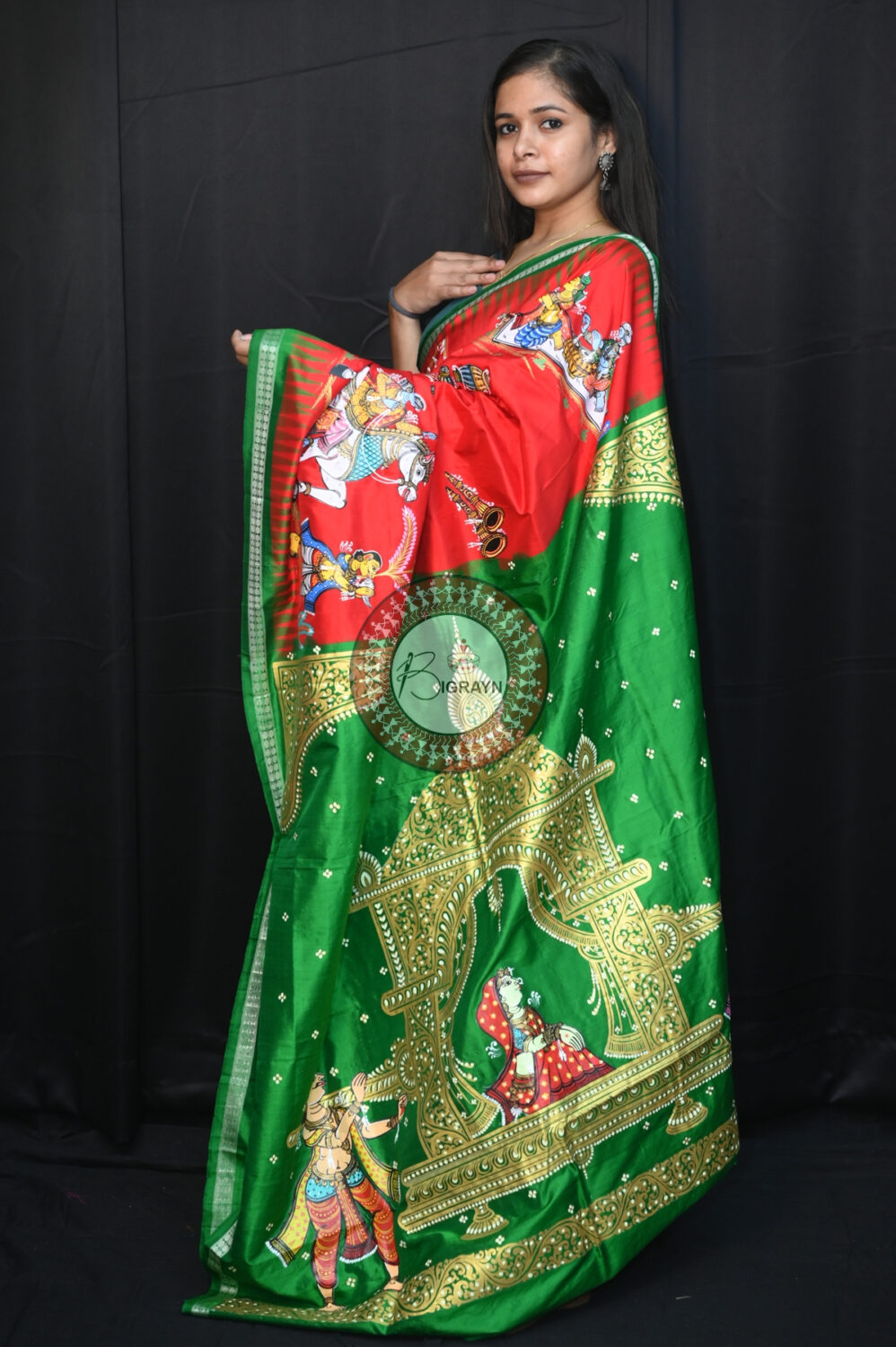 Red Green Marriage Theme Siba Parvati Vivah Pattachitra Sambalpuri Silk Saree