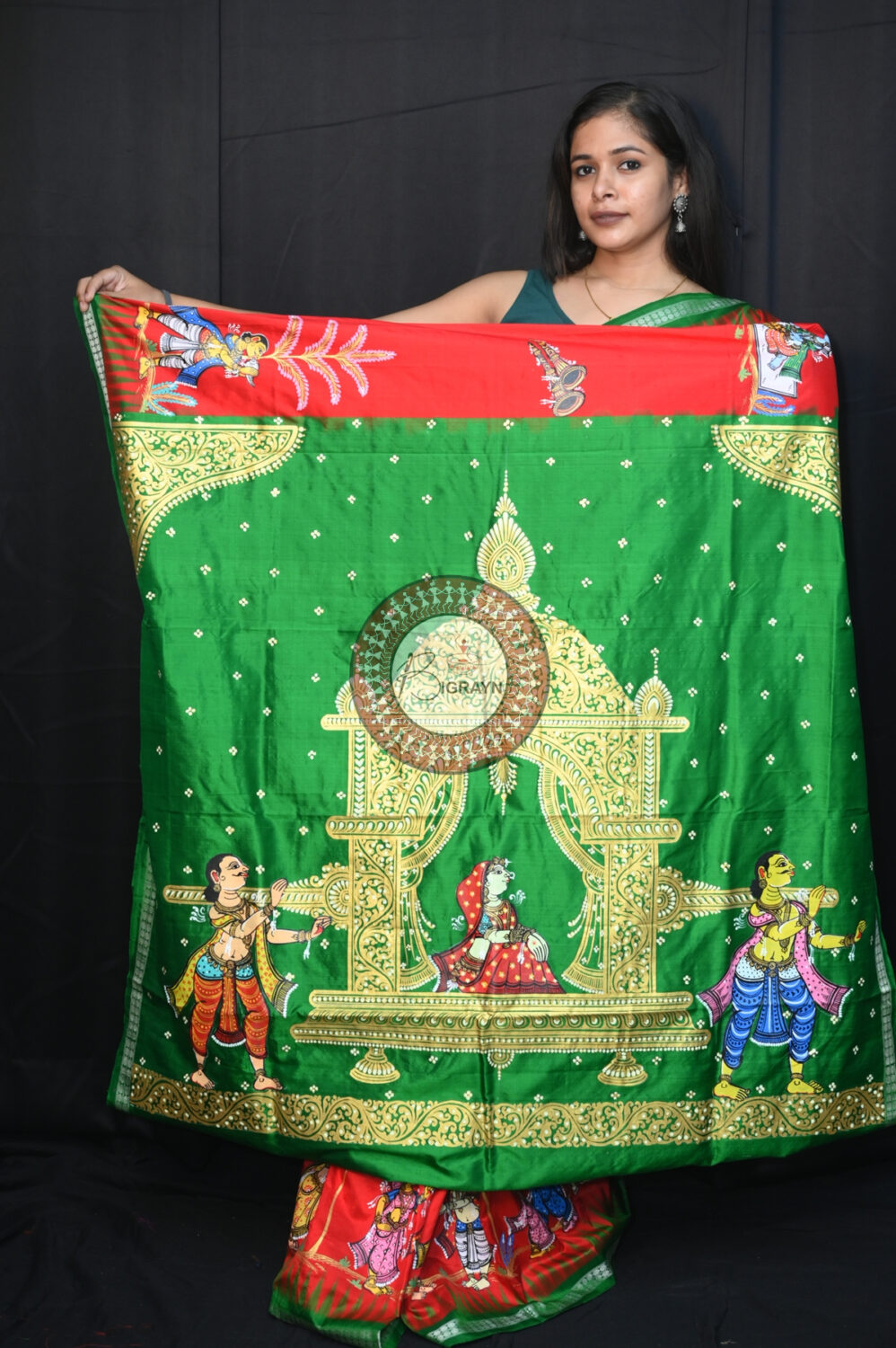 Red Green Marriage Theme Siba Parvati Vivah Pattachitra Sambalpuri Silk Saree