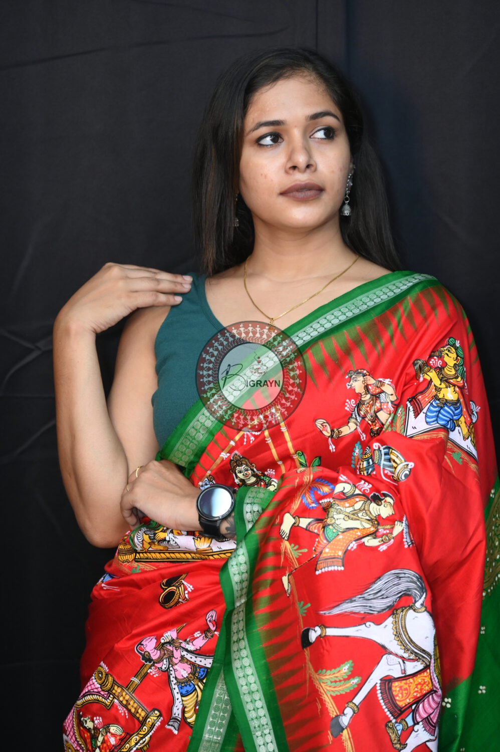 Red Green Marriage Theme Siba Parvati Vivah Pattachitra Sambalpuri Silk Saree