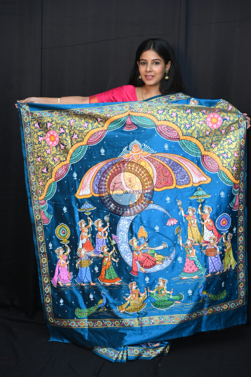 Teal Blue Chandra Raasa Sambalpuri Silk Pattachitra Saree
