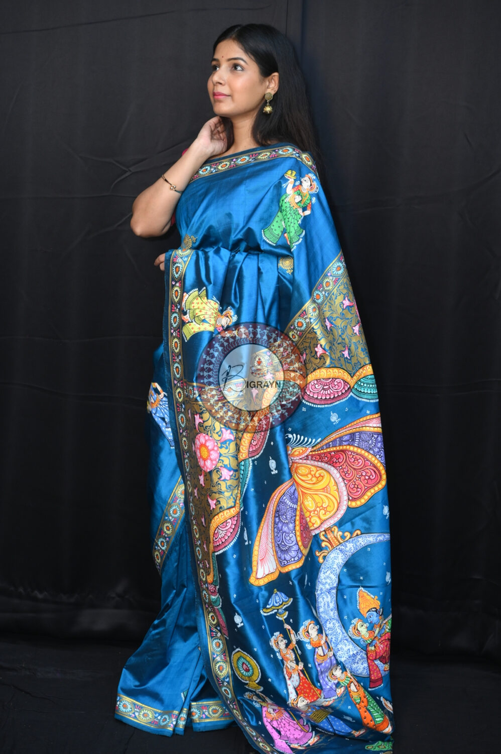Teal Blue Chandra Raasa Sambalpuri Silk Pattachitra Saree