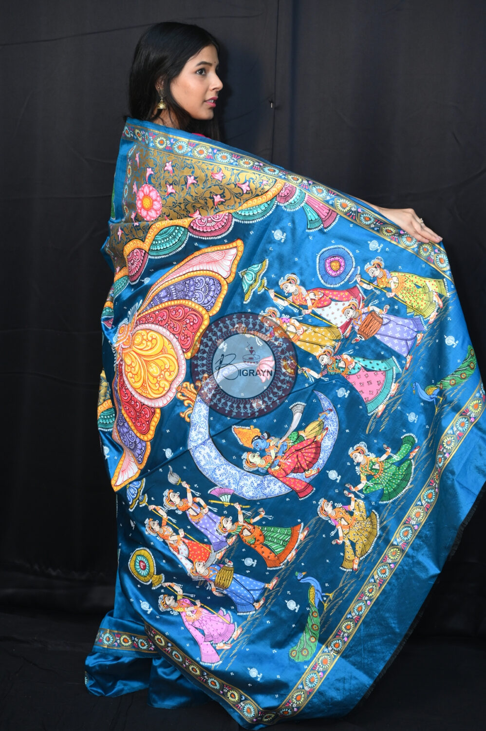 Teal Blue Chandra Raasa Sambalpuri Silk Pattachitra Saree