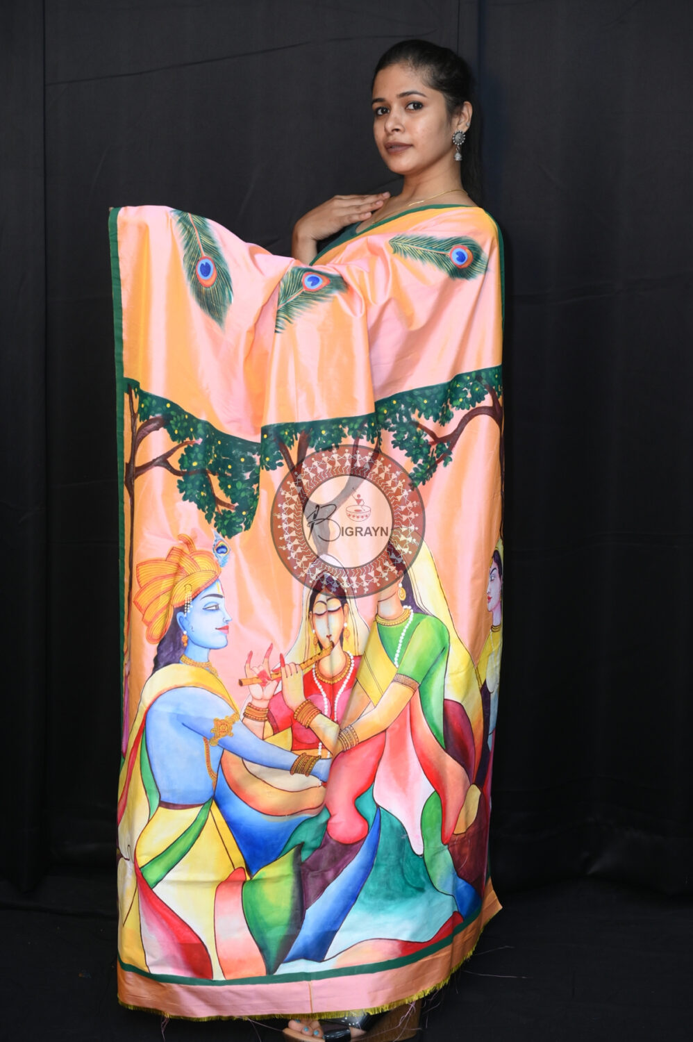 Peach Dual Colour Radha Krishna Modern Art Pattachitra Pure Silk Saree
