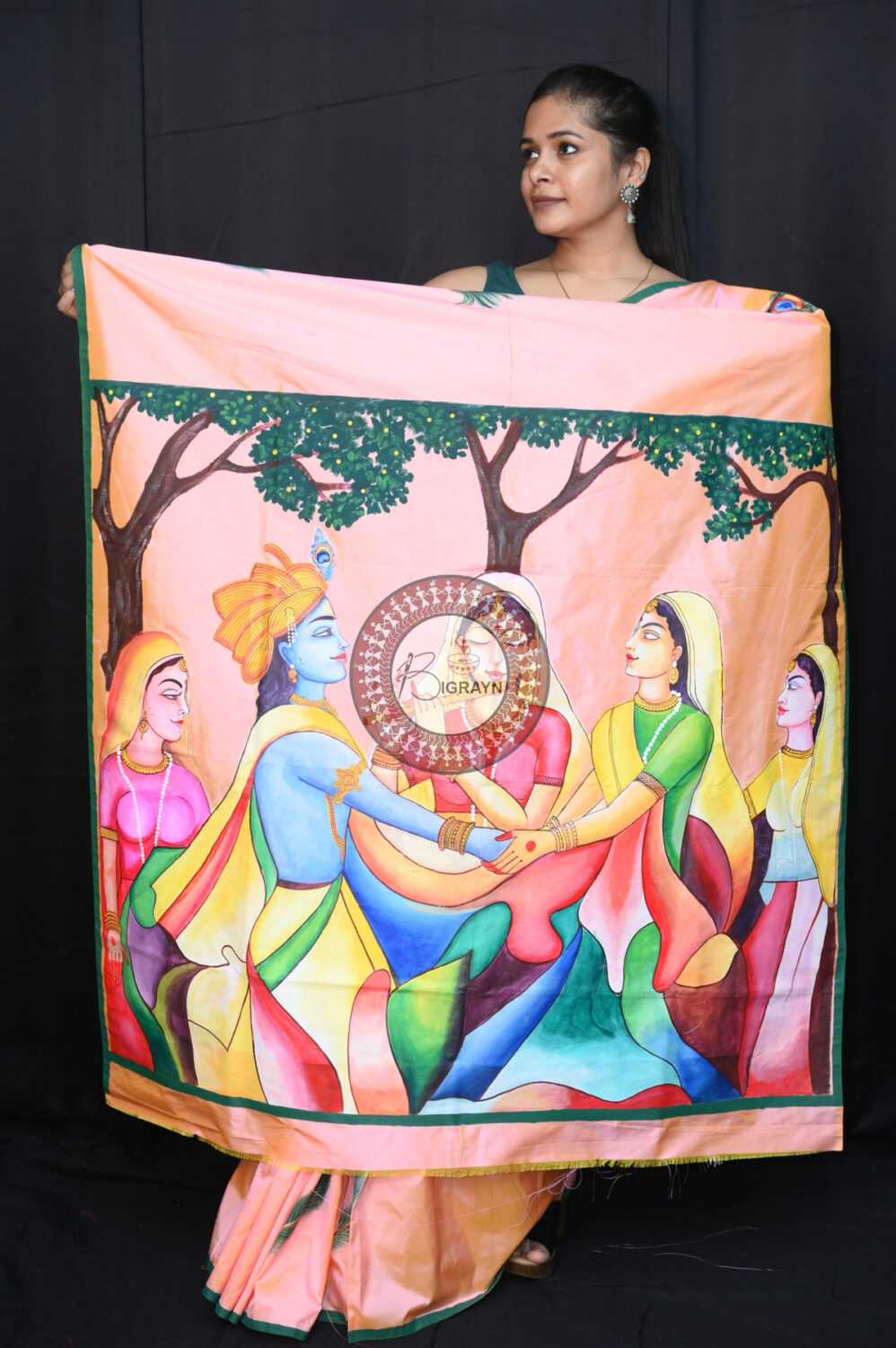 Peach Dual Colour Radha Krishna Modern Art Pattachitra Pure Silk Saree