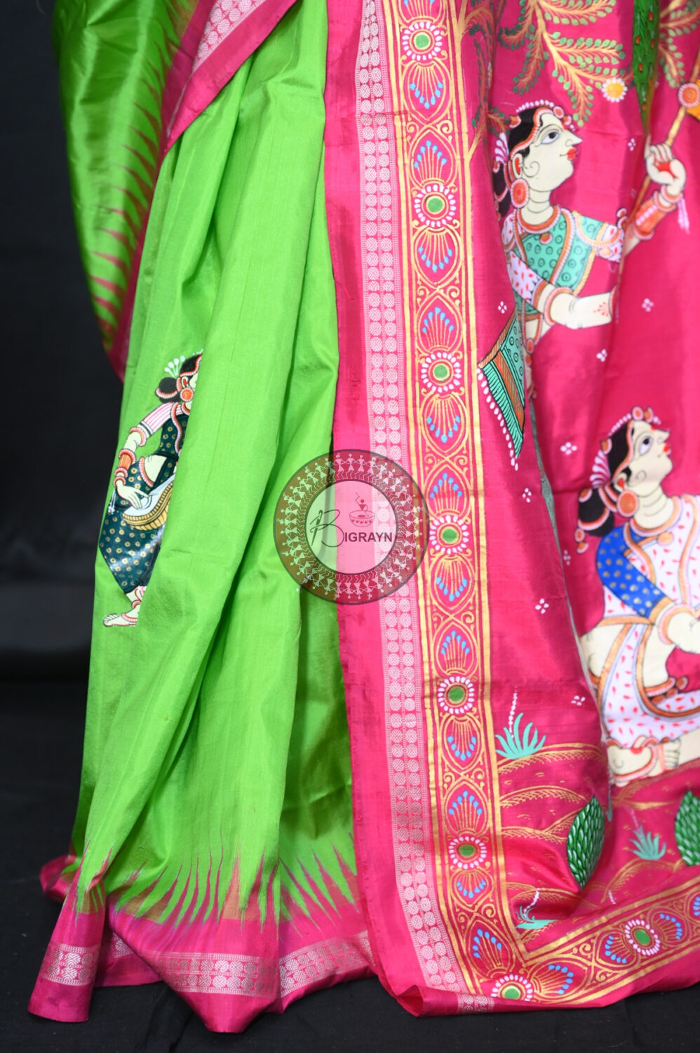 Neon Green Magenta Traditional Art Sambalpuri Silk Pattachitra Saree