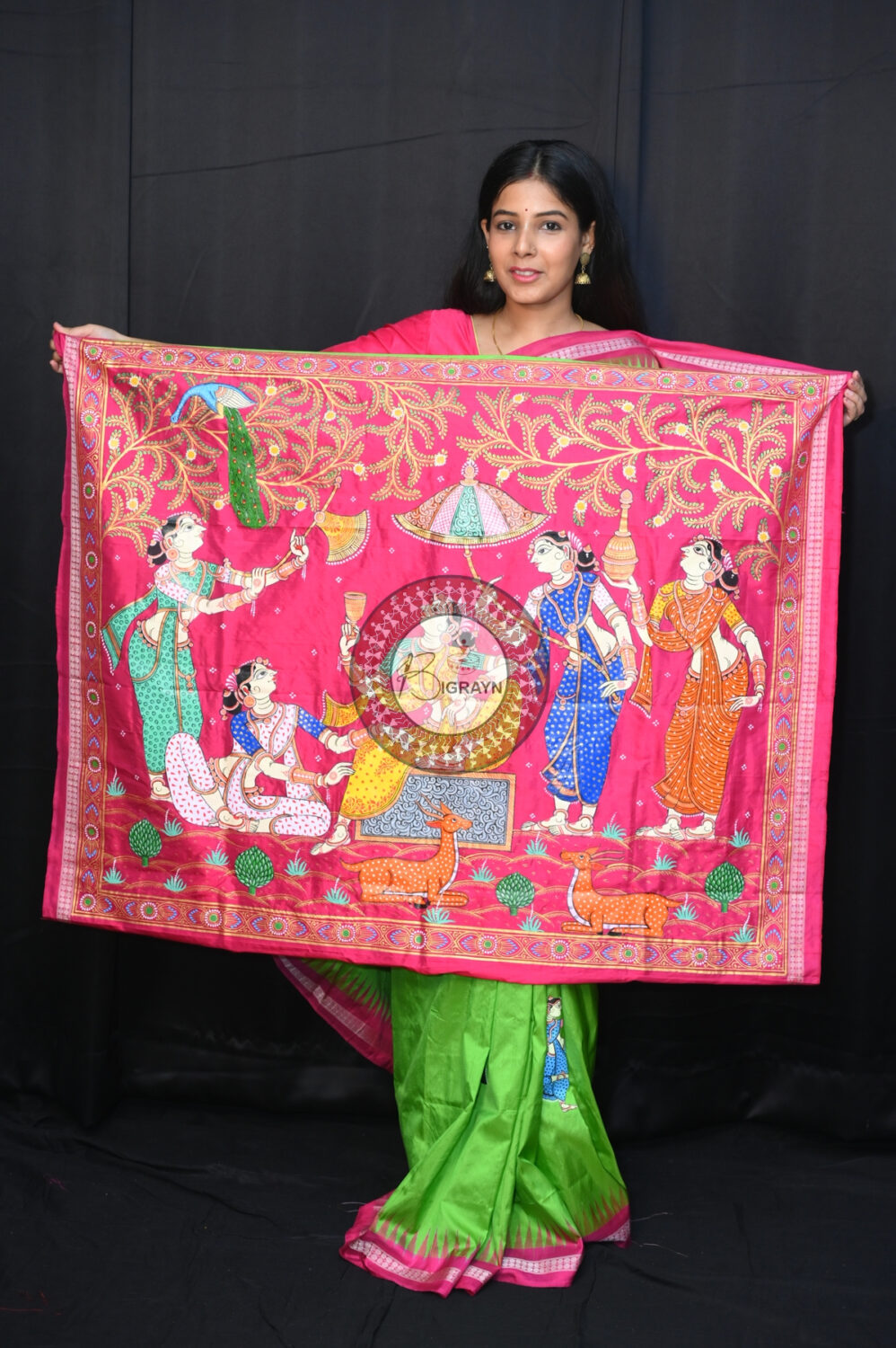 Neon Green Magenta Traditional Art Sambalpuri Silk Pattachitra Saree
